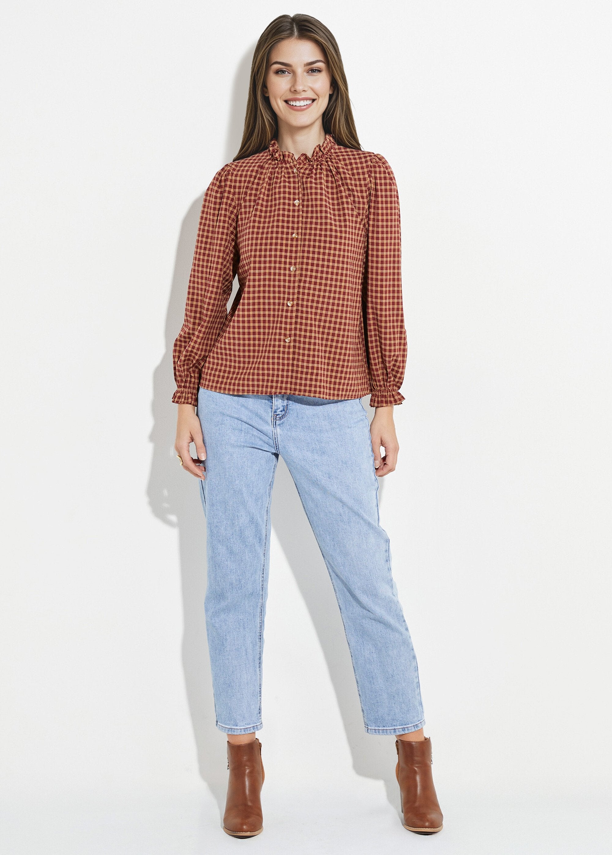 Checkered_blouse_with_pleated_collar_and_cuffs_Bordeaux_SF1_slim