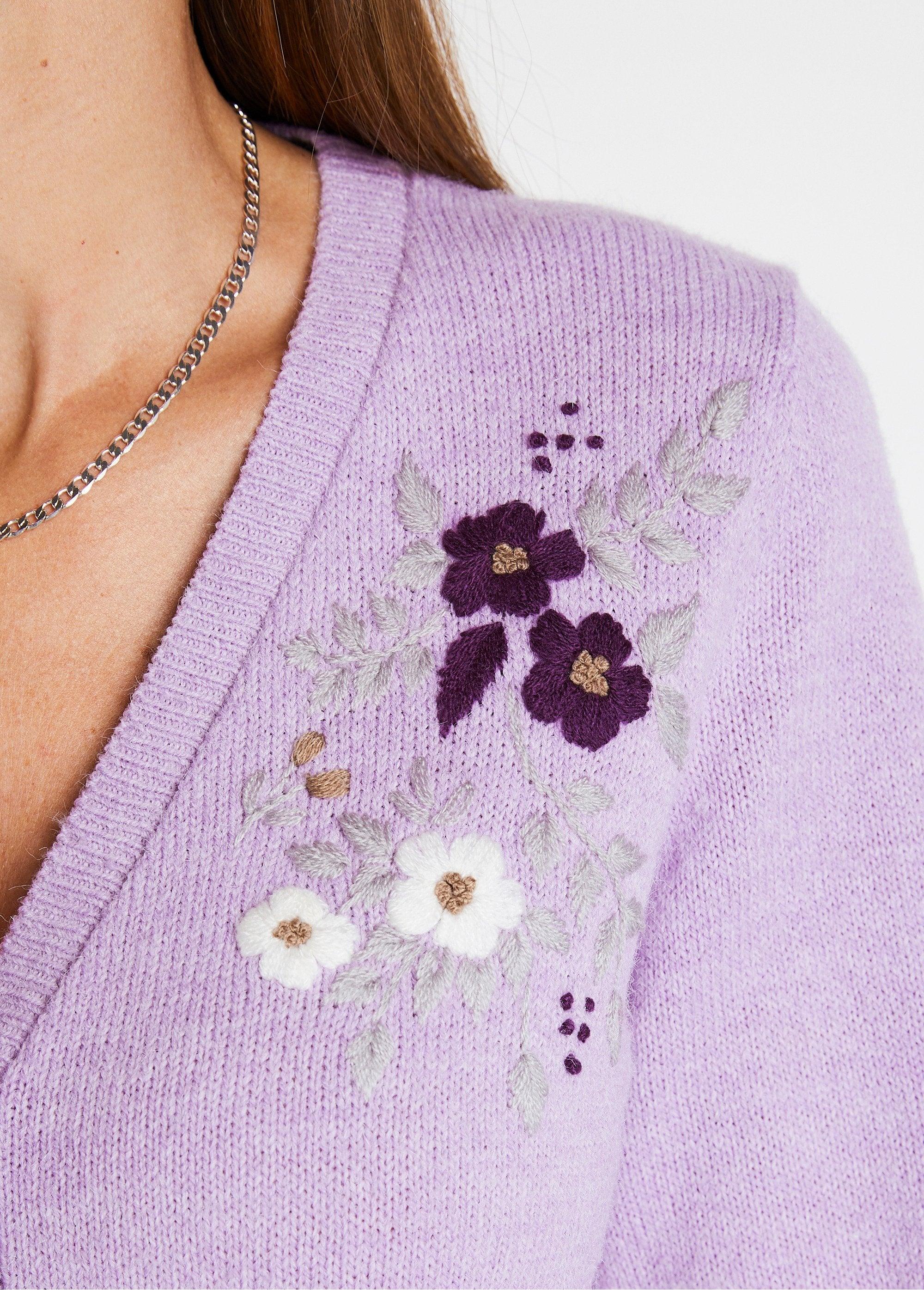 Soft_plain_V-neck_buttoned_short_embroidered_cardigan_Lilac_DE2_slim