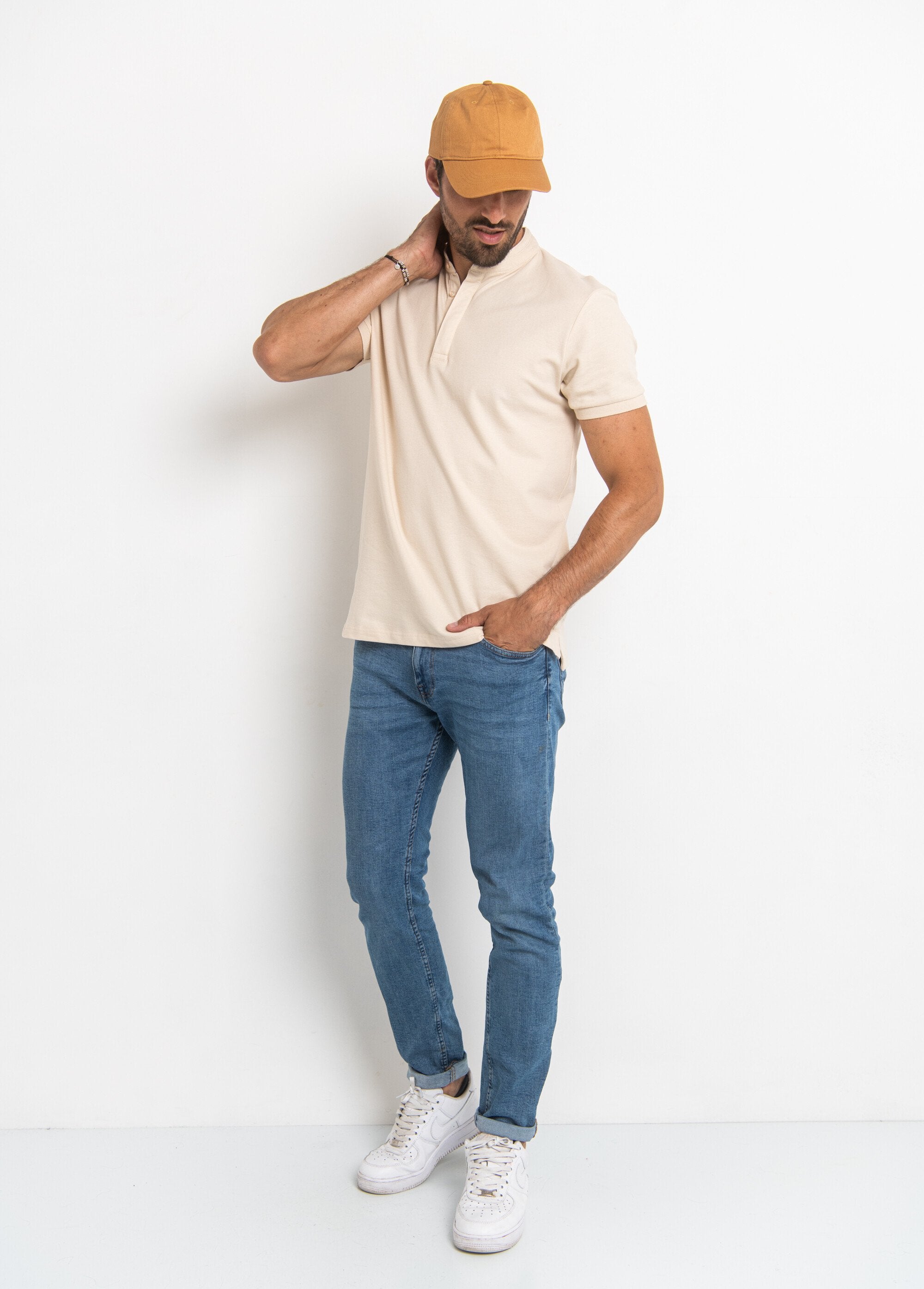 Short_sleeve_polo_shirt_with_mandarin_collar_Beige_SF1_slim