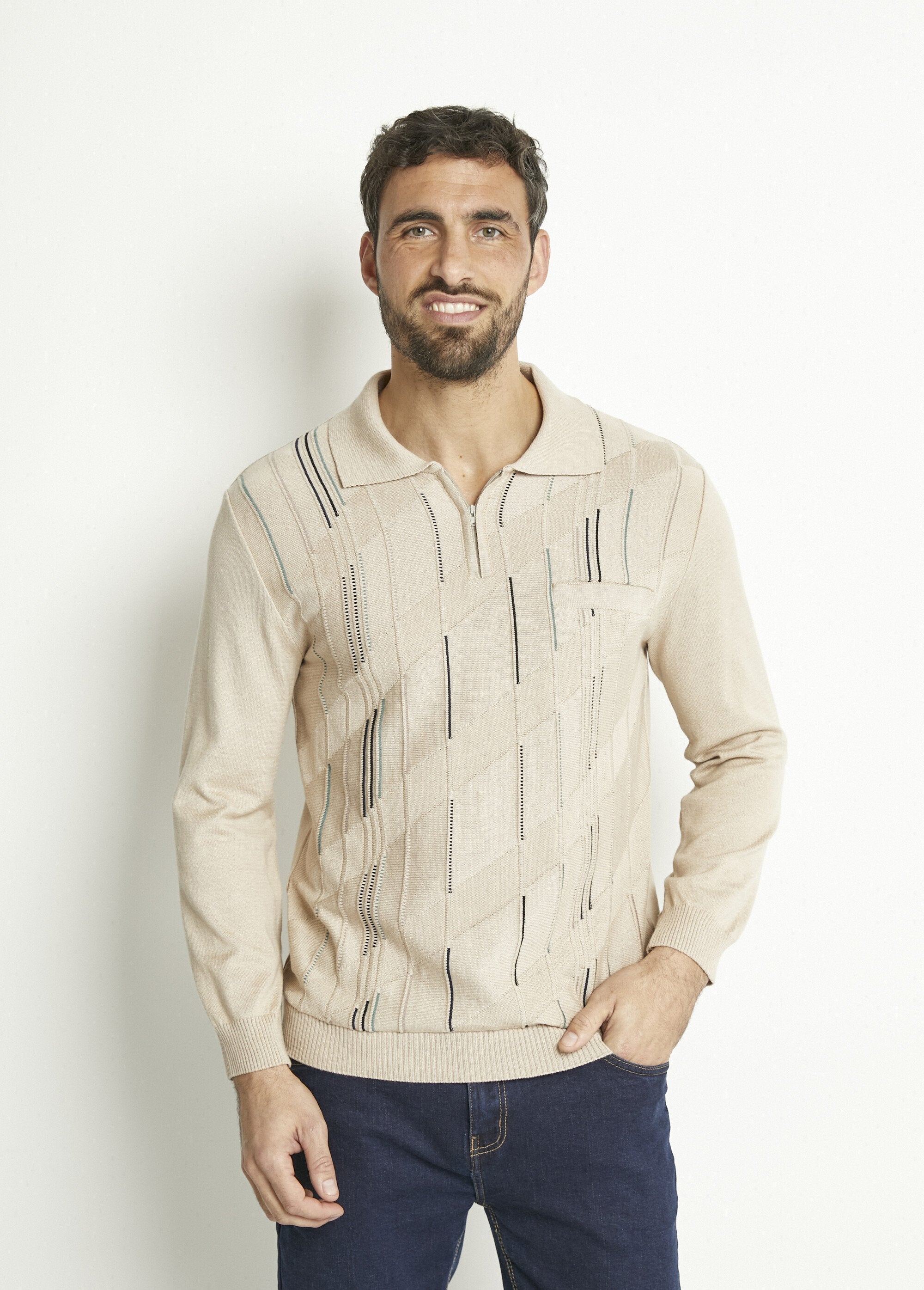 Long-sleeved_zipped_polo_shirt_in_jacquard_cotton_Beige_FA1_slim