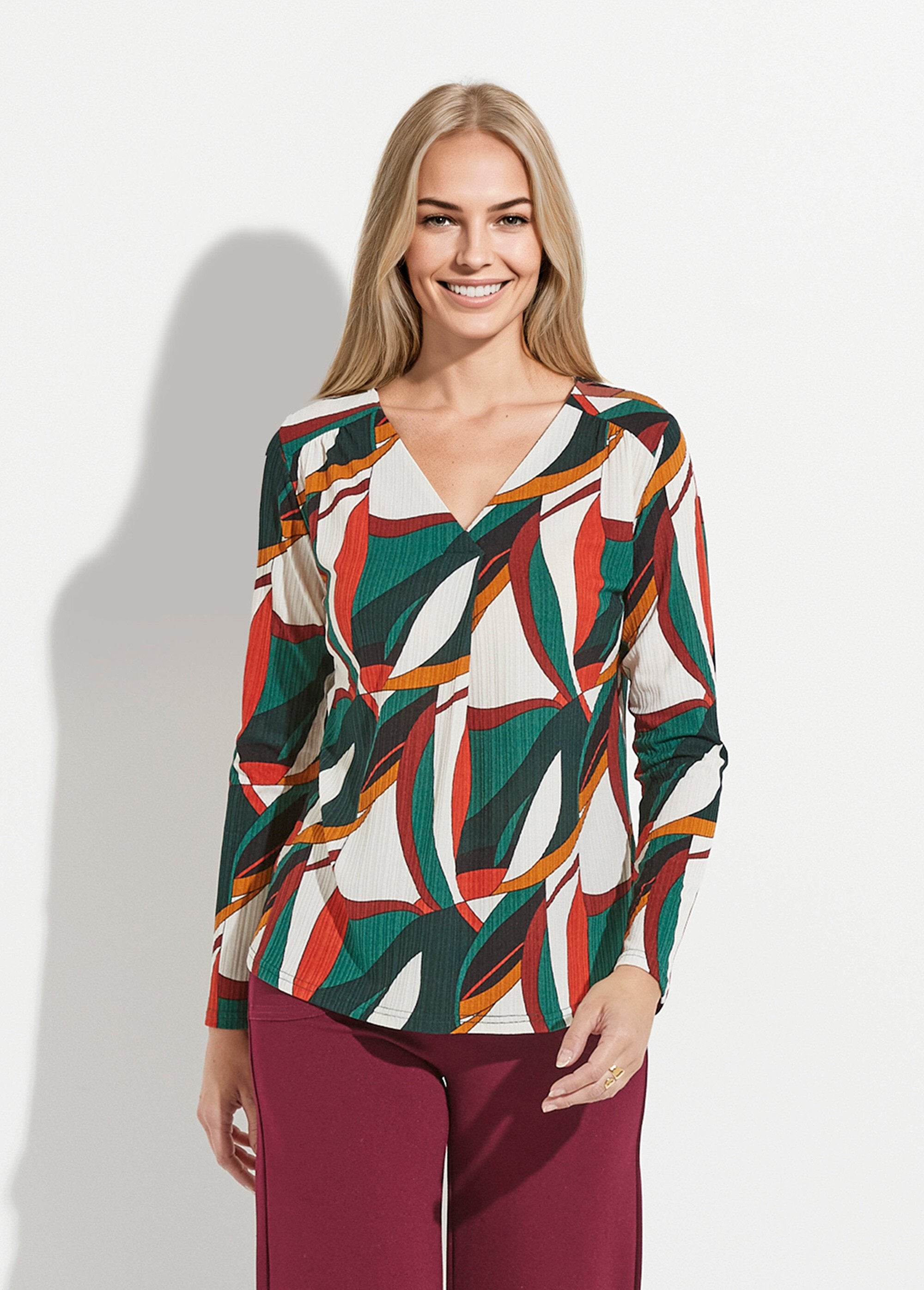 V-neck_flared_T-shirt_with_multicolored_graphic_print_Green_print_FA1_slim