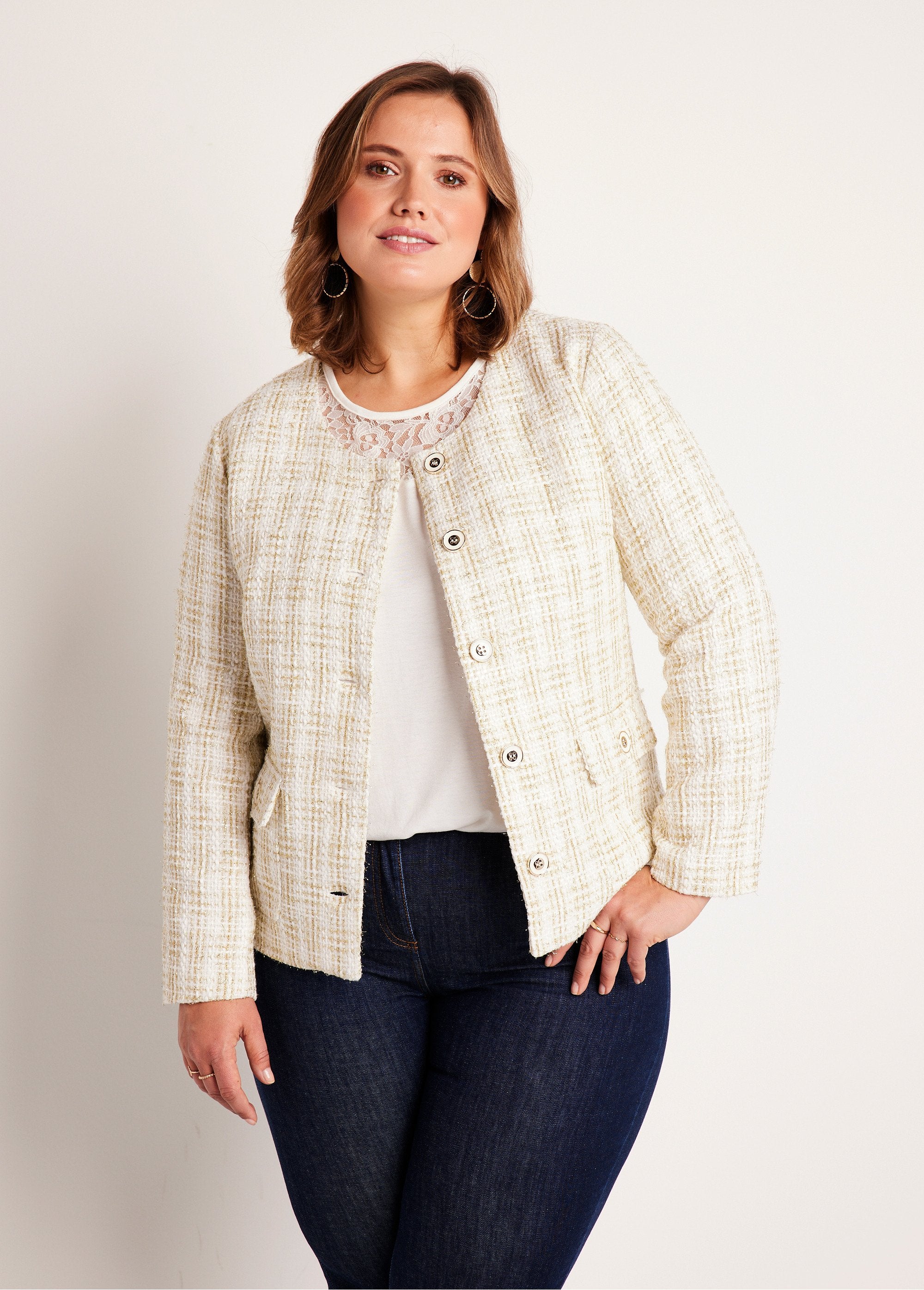 Short_collarless_jacket_in_tweed_effect_fabric_Natural_and_golden_FA1_curvy